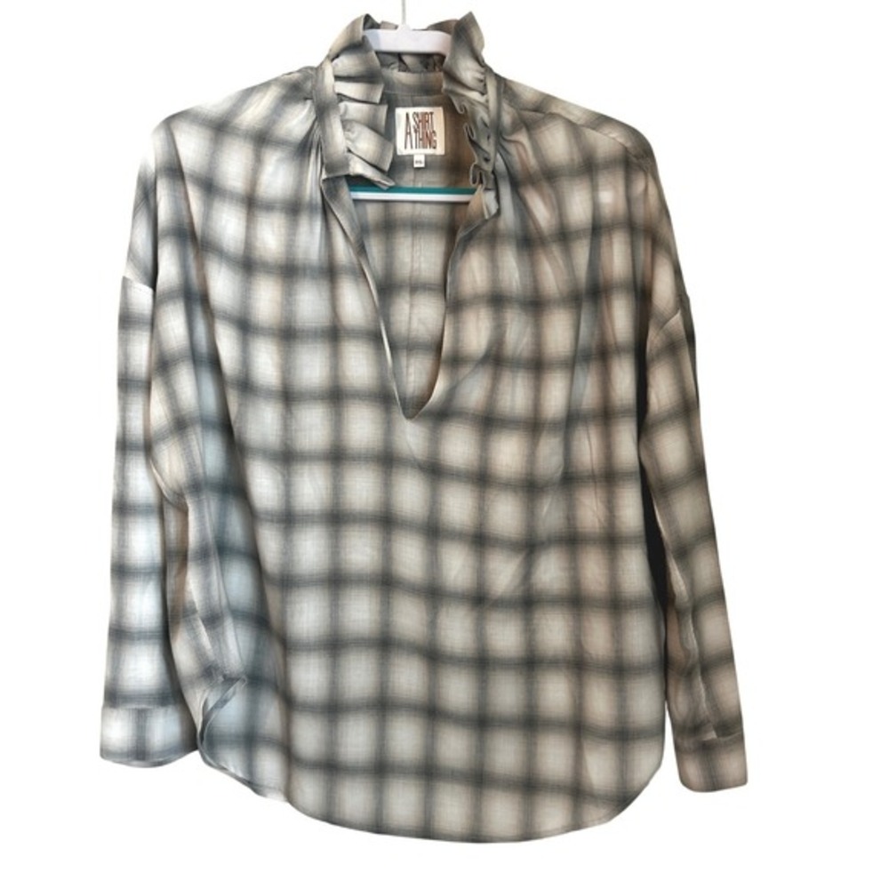 A Shirt Thing Penelope Top Gray Plaid Ruffle Neck Long Sleeve Blouse Size XS/S